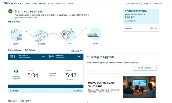 Amtrak confirmation page