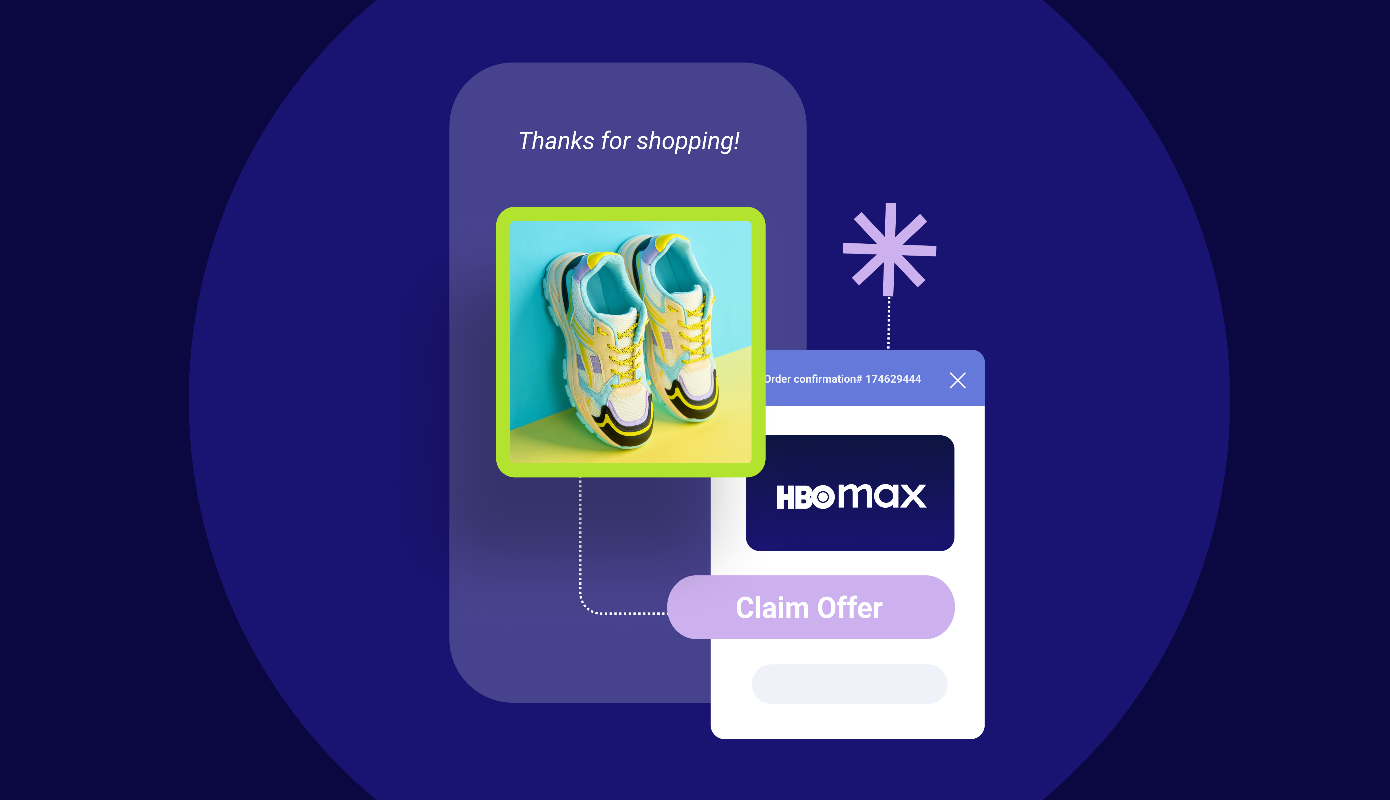 Confirmation page after a shoe purchase showing a personalized post-purchase ad offering an HBO Max subscription.