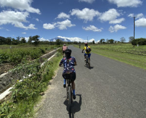 A group of Fluent employees biking on a road next to a field